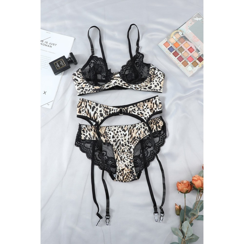 Black and white Leopard Print Lace Splicing Bra Panties & Garter set lingerie - Picture 13 of 15